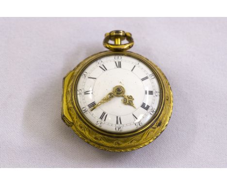 An open face pocket watch, circa 1860, gilt metal with engraved reverse, enamel dial, Roman numerals