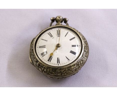 A pair case open face silver hallmarked pocket watch, circa 1850 enamel dial, Roman numerals, fusee movement