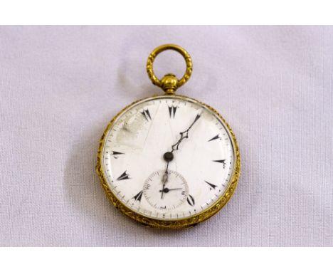 Gilt metal open face pocket watch, circa 1900, jewelled French movement, enamel dial, Roman numerals