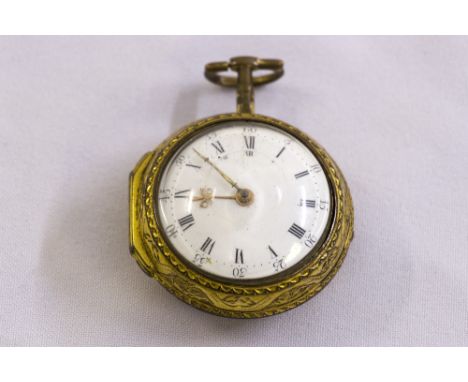 Gilt metal pair case open face pocket watch, circa 1850, enamel dial, Roman numerals, fuse movement