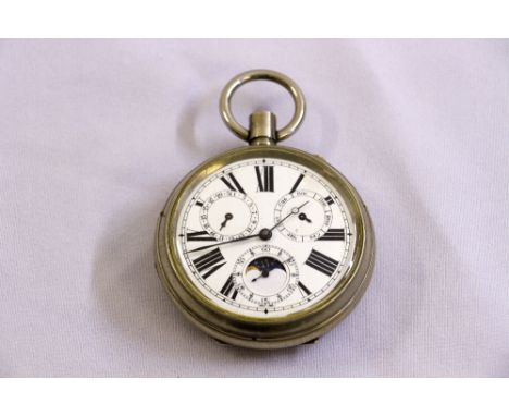 A Goliath base metal open face pocket watch with Chronograph enamel dial, three subsidiary dials including phases of the moon