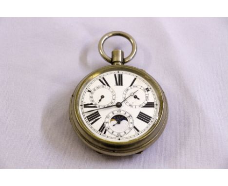 A Goliath base metal open face pocket watch with Chronograph enamel dial, three subsidiary dials including phases of the moon