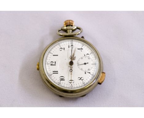 An early 20th century open face pocket watch, white metal case enamel dial, Arabic numerals and subsidiary second dial, (not 
