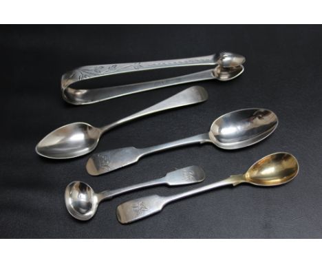 A COLLECTION OF NEWCASTLE ASSAY HALLMARKED SILVER FLATWARE, consisting of a pair of bright cut sugar tongs by J Langlands cir