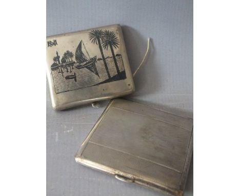 A HALLMARKED SILVER CIGARETTE CASE, with engine turned decoration and engraved initials, together with a white metal example 