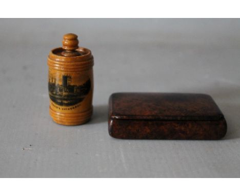 A 19TH CENTURY WALNUT SNUFF BOX, 1.5 cm, W 6.5 cm, D 4 cm, together with a Mauchlin ware wooden tape measure 'St. David's Cat