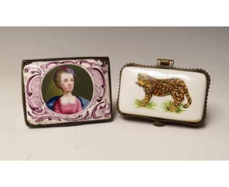 AN ANTIQUE ENAMEL PATCH BOX FOR RESTORATION, 8 x 5 x 2.5 cm, together with a modern example (2)