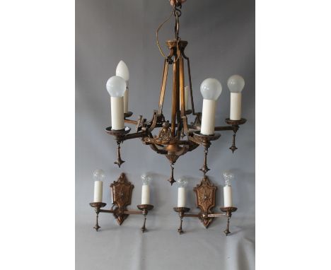 AN EARLY 20TH CENTURY ART NOUVEAU STYLE FIVE BRANCH CHANDELIER WITH UNUSUAL MACE STYLE DROPS, H 55 cm, together with a pair o