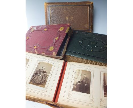 FOUR RECTANGULAR VINTAGE PHOTO ALBUMS AND CONTENTS, the combined contents comprising approximately 240 carte de visite, many 