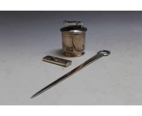 A HALLMARKED SILVER TABLE LIGHTER - BIRMINGHAM 1977, together with a silver cigar cutter and a hallmarked silver letter opene