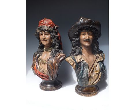 A PAIR OF LARGE AUSTRIAN PAINTED TERRACOTTA BUSTS, raised on socle bases, signed R Sturm ? to reverse, H 41 cm