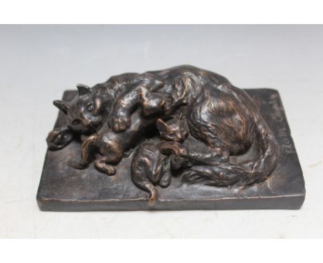 A BRONZE MODEL OF A CAT WITH HER KITTENS, signed A M Chaplin, W 15.5 cm