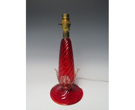 A MURANO RED 'SWIRL' GLASS LAMP BASE, with gold leaf inclusion to clear single 'knop' to base, applied leaf embellishment and