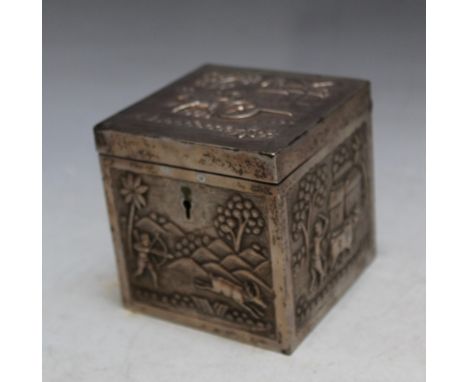 AN INDIAN SILVER TEA CADDY BY DASS &amp; DUTT - BHOVANIPORE CALCUTTA, featuring typical rural village scenes, stamped to base