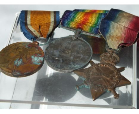 THREE WORLD WAR ONE MEDALS AWARDED TO 13846 PTE. A. W. JACKSON. HAMPS. R., comprising British 1914-1915 bronze star,1914-1919