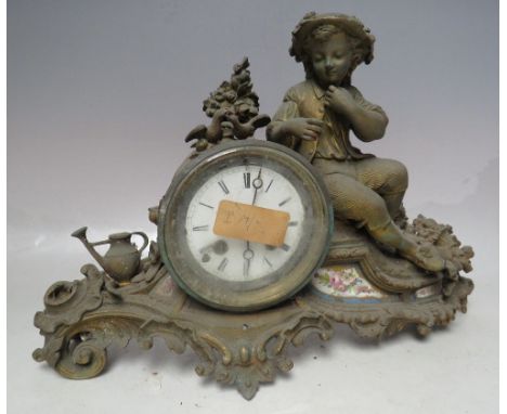 A 19TH CENTURY BRONZE ORMOLU FIGURAL MANTLE CLOCK FOR RESTORATION, with Japy Freres bell strike movement, the case having low