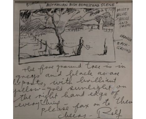 ROLF HARRIS (b.1930). 'Australian Bush Homestead Scene', signed, original pen sketch, signed verso 'To Robert from Rolf', fra