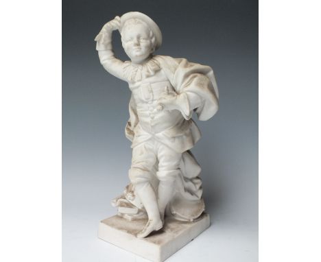 A SEVRES WHITE BISQUE PARIAN FIGURE OF A BOY PERFORMER, the figurine with cloak and hat, surrounded by musical instruments an