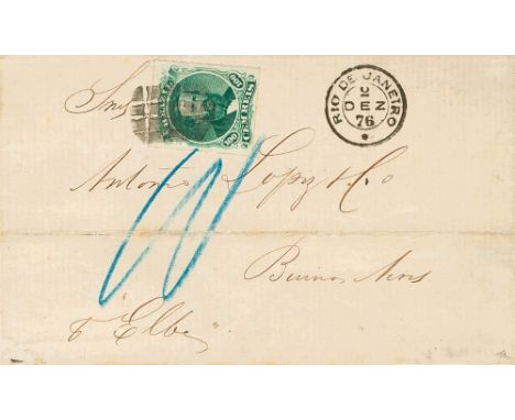 1876. 100 reis green. RIO DE JANEIRO to BUENOS AIRES. Fancy cancel, on front manuscript "P.Elbe", of the Royal Mail Steam Pac