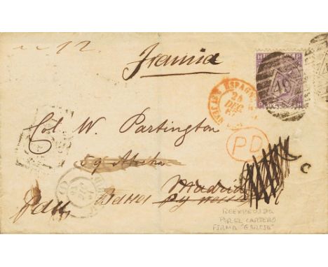 1867. 6 p purple. LONDON to MADRID, readdressed to PARIS. On front french handstruck "5 c" pen cancelled and postmark P.D., o