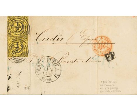 1858. 9 k black on yellow, two stamps (short margin). FRANKFURT to CADIZ. Numeral cancel "220", on front red french entry and