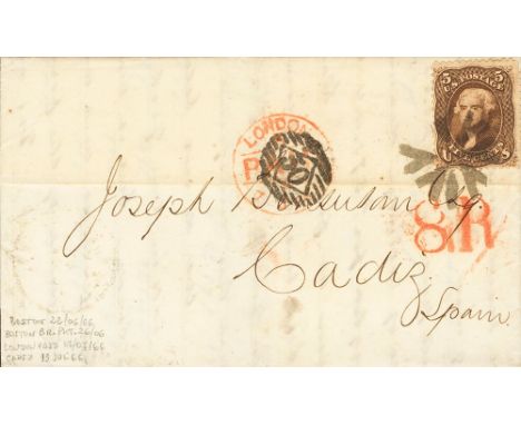 1866. 5 ctvs chestnut. BOSTON (USA) to CADIZ (SPAIN). "Fancy" cancel and on front transit mark LONDON / PAID and hansdtruck "