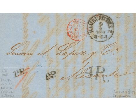 1857. ALTONA to ALICANTE. On front red entry c.d.s. 2 / TOUR T. / 2 / VALENCIENNES  and handstruck "4 R" on arrival. VERY FIN