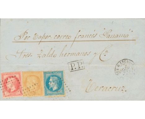 1873. 20 cts blue, 80 cts pink and 15 cts bistre brown (Ceres). SANTANDER to VERACRUZ. Lozenge anchor cancel and on front c.d