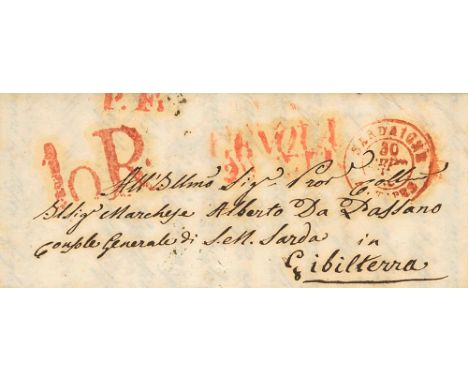 1846. VENARIA REALE to GIBRALTAR. Mark GENOVA / 29 OTT, french entry c.d.s. SARDAIGNE / ANTIBES and spanish handstruck "10 R"