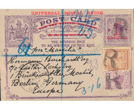1893. 1 ½ p on 2 p purple on Registered Stationery Card from RICHMOND to BERLIN (GERMANY), tied with 2p purple and 1 p chestn