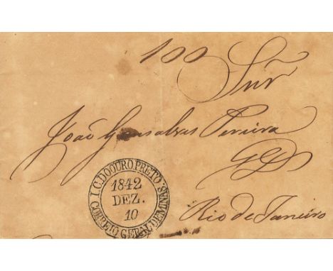 1842. OURO PRETO to RIO DE JANEIRO. C.d.s. I.C. DOOURO PRETO / CORREIO GERAL DE MINAS and manuscript "100" (reis). VERY FINE.