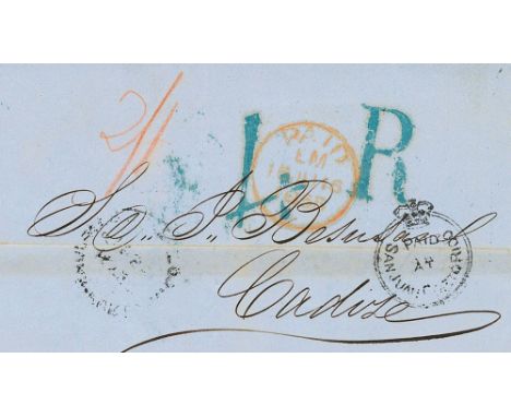 1855. PUERTO RICO a CADIZ. Marca PAID / AT / SAN JUAN PORTO RICO y porteo brit¡nico "2/-" (shillings) y espa±ol "4 R" (reales