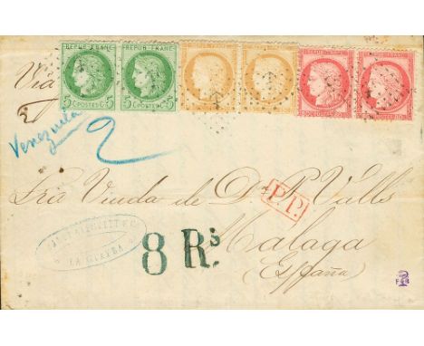 1875. 5 cts green, pair, 15 cts bistre brown, pair and 80 cts pink, pair. LA GUAYRA to MALAGA (SPAIN). Lozenge anchor cancel,