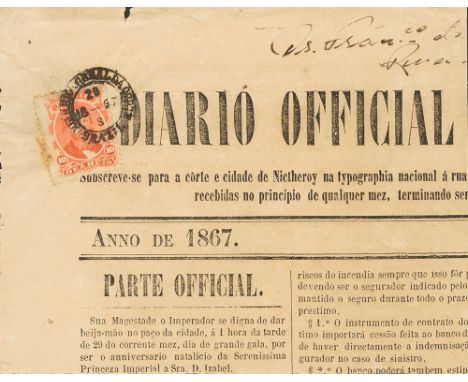 1867. 10 r red on big piece of the Diario Oficial de Brasil. C.d.s. CORREIO GERAL DA CORTE / BRAZIL / 28-8-1867. VERY FINE AN