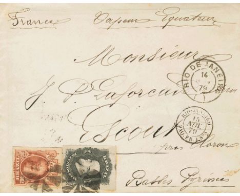 1879. 200 reis black and 700 reis red chestnut. RIO DE JANEIRO to ESCOUT (FRANCE). Fancy eight arms cancel and on front manus