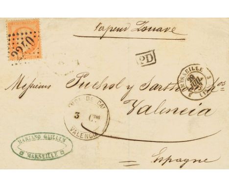 1863. 40 cts orange. MARSEILLE to VALENCIA. On front circular cancel ADMON DE CAMBIO / VALENCIA and manuscript "Vapeur Zovane