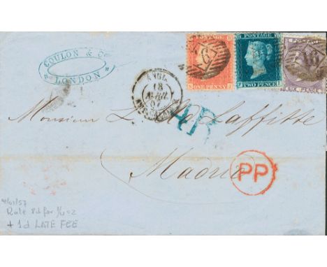 1857. 1p red, 2p blue and 6 p purple (small defect). LONDON to MADRID, via France. On front french ambulant and "4 R" (reales
