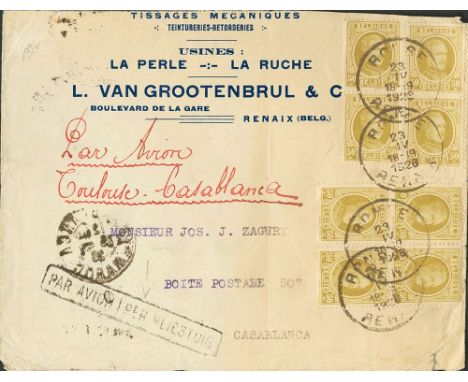 1926. 50 cts olive, eight stamps. RENAIX (BELGIUM) to CASABLANCA. On front manuscript "Par Avion Toulouse-Casablanca", on rev