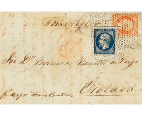 (1856ca). 20 cts dark blue and 40 cts orange (1849 special rate for trade offices in French seaports). Front cover from PARIS