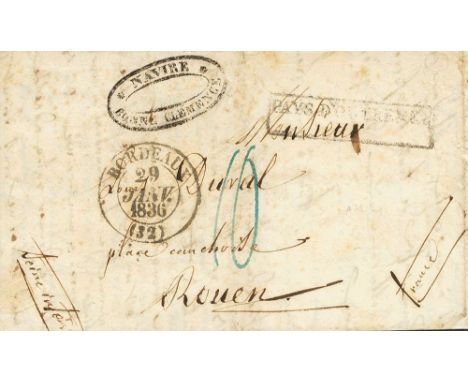 1836. LIMA (PERU) to ROUEN. Lineal postmark PAYS D'OUTREMER (no city indication) applied on arrival in Bordeaux, NAVIRE / BON