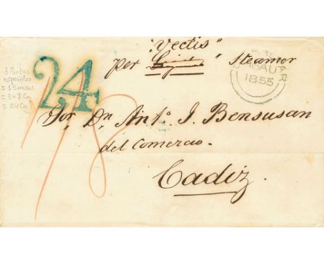 1855. GIBRALTAR to CADIZ (SPAIN). On front GIBRALTAR datestamp (large size), blue British manuscript "1/8" and Spanish handst