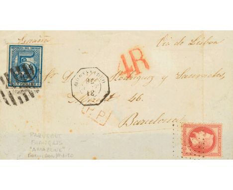 1870. 5 cts blue and French 80 cts pink stamp (folded). MONTEVIDEO to BARCELONA. Lozenge Anchor cancel on the French stamp an