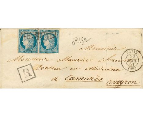 1851. 25 cts blue, pair (one with short margin). Registered cover from PARIS to CAMARES. Grid cancel, on front squared postma