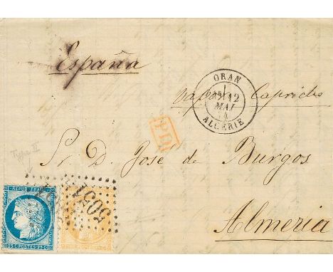 1874. 15 cts bistre and 25 cts blue. ORAN (ALGERIA) to ALMERIA. Lozenge of dots large number Nº5051 cancel, on front c.d.s. O