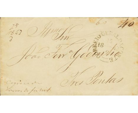 1843. RIO DE JANEIRO to TRES PONTAS. C.d.s. CORREIO GERAL DA CORTE and manuscript "40" (reis) corrected to "60". VERY FINE. 