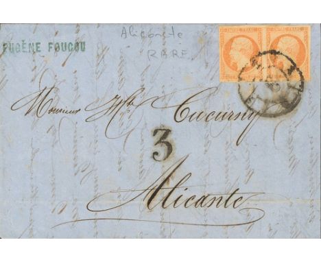 1861. 40 cts orange, pair. PARIS to ALICANTE. Postmark R. CARRETA Nº3, applied on arrival. VERY FINE AND RARE. 