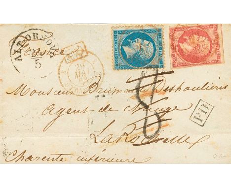 1863. 80 cts pink (short margins) and 20 cts blue. Addressed to LA ROCHELLE (flap missing on reverse). Red c.d.s. 3 / AUTR. /