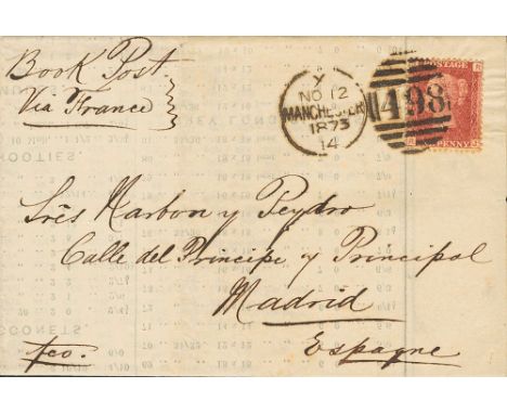 1873. 1 p red Plate 168. Printed matter rate from MANCHESTER to MADRID. Duplex cancel MANCHESTER / 498, on front manuscript "