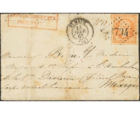 1863. 40 cts orange. SAINT MALO to MEXICO (addressed to a Expeditionary French Army Doctor in Mexico). On front postmark AFFR