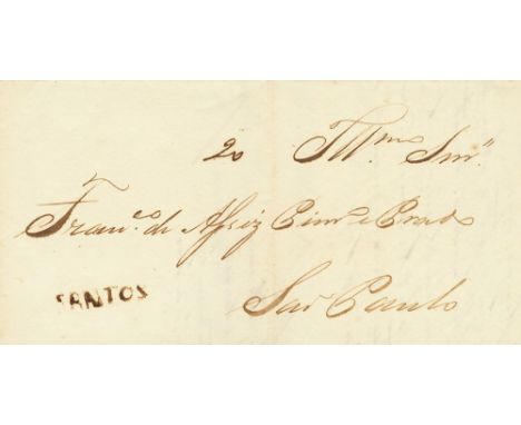 1835. SANTOS to SAO PAULO. Straight line postmark SANTOS and manuscript "20" (reis). VERY FINE AND RARE. 
